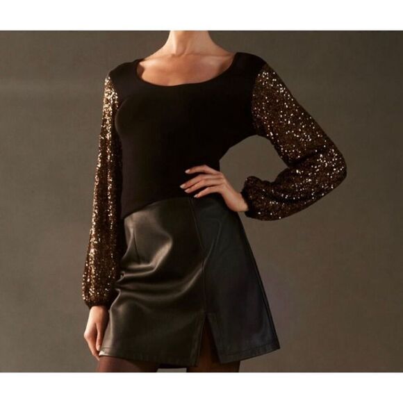 Anthropologie | Anthro Bl-nk Gold Sequin Sleeve Black Sweater Holiday size XS - Picture 1 of 10